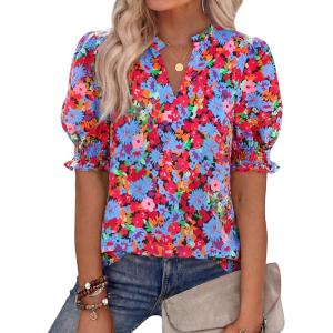 imageBTFBM Summer Blouses for Women Dressy Casual 2026 Fashion Spring Tops Floral Boho V Neck Puff Short Sleeve Top ShirtsFloral Black Multi