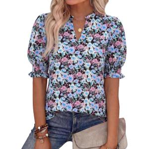 imageBTFBM Summer Blouses for Women Dressy Casual 2026 Fashion Spring Tops Floral Boho V Neck Puff Short Sleeve Top ShirtsFloral Black Purple Pink