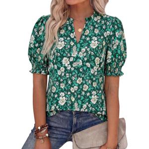 imageBTFBM Summer Blouses for Women Dressy Casual 2026 Fashion Spring Tops Floral Boho V Neck Puff Short Sleeve Top ShirtsFloral Dark Green