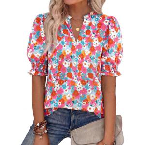 imageBTFBM Summer Blouses for Women Dressy Casual 2026 Fashion Spring Tops Floral Boho V Neck Puff Short Sleeve Top ShirtsFloral Light Blue Multi