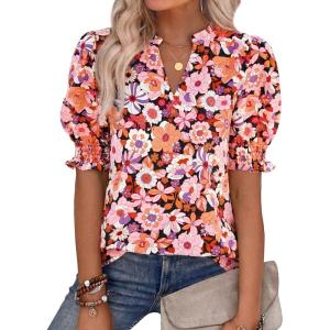 imageBTFBM Summer Blouses for Women Dressy Casual 2026 Fashion Spring Tops Floral Boho V Neck Puff Short Sleeve Top ShirtsFloral Orange Pink