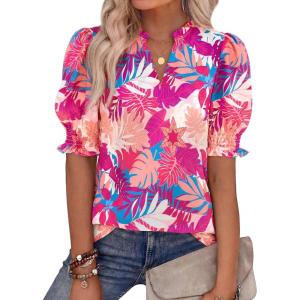 imageBTFBM Summer Blouses for Women Dressy Casual 2026 Fashion Spring Tops Floral Boho V Neck Puff Short Sleeve Top ShirtsFloral Pink