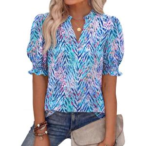 imageBTFBM Summer Blouses for Women Dressy Casual 2026 Fashion Spring Tops Floral Boho V Neck Puff Short Sleeve Top ShirtsFloral Pink Blue