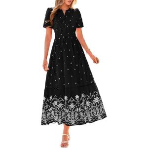 imageBTFBM Summer Dresses for Women 2026 Casual V Neck Short Sleeve Flowy Wedding Guest Beach Vacation Floral Boho Maxi DressBlack White Flower