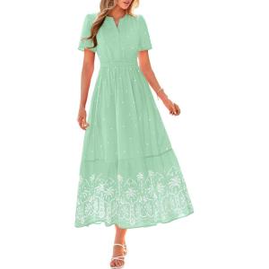imageBTFBM Summer Dresses for Women 2026 Casual V Neck Short Sleeve Flowy Wedding Guest Beach Vacation Floral Boho Maxi DressGrey Green White Flower