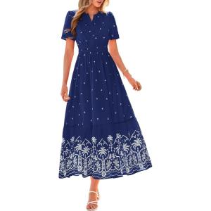 imageBTFBM Summer Dresses for Women 2026 Casual V Neck Short Sleeve Flowy Wedding Guest Beach Vacation Floral Boho Maxi DressNavy White Flower