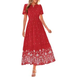 imageBTFBM Summer Dresses for Women 2026 Casual V Neck Short Sleeve Flowy Wedding Guest Beach Vacation Floral Boho Maxi DressRed White Flower