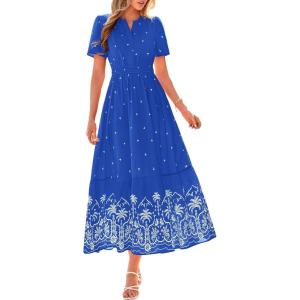 imageBTFBM Summer Dresses for Women 2026 Casual V Neck Short Sleeve Flowy Wedding Guest Beach Vacation Floral Boho Maxi DressRoyal Blue White Flower