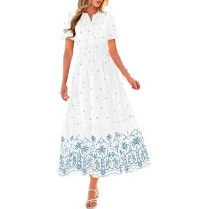 imageBTFBM Summer Dresses for Women 2026 Casual V Neck Short Sleeve Flowy Wedding Guest Beach Vacation Floral Boho Maxi DressWhite Blue Flower