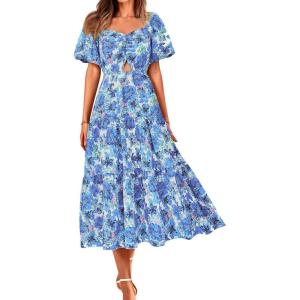 imageBTFBM Summer Dresses for Women 2026 Spring Outfits Beach Vacation Short Sleeve Smocked Boho Casual Floral Maxi DressFloral Blue
