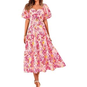 imageBTFBM Summer Dresses for Women 2026 Spring Outfits Beach Vacation Short Sleeve Smocked Boho Casual Floral Maxi DressFloral Pink Red