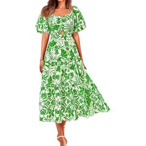 imageBTFBM Summer Dresses for Women 2026 Spring Outfits Beach Vacation Short Sleeve Smocked Boho Casual Floral Maxi DressPrint Grass Green