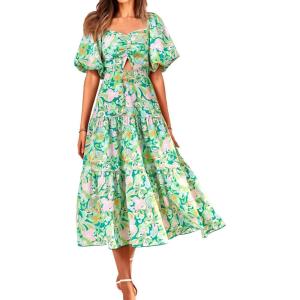 imageBTFBM Summer Dresses for Women 2026 Spring Outfits Beach Vacation Short Sleeve Smocked Boho Casual Floral Maxi DressPrint Green