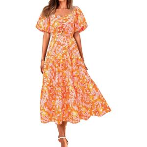 imageBTFBM Summer Dresses for Women 2026 Spring Outfits Beach Vacation Short Sleeve Smocked Boho Casual Floral Maxi DressPrint Orange