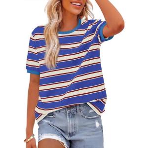 imageBTFBM Summer Tops for Women 2026 Crewneck Short Sleeve Striped T Shirts Casual Spring Clothes Color Block Basic Tee BlousesBlue Apricot