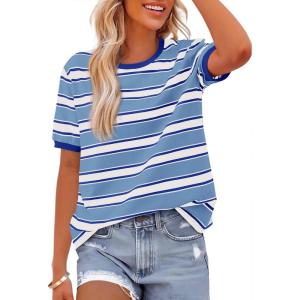 imageBTFBM Summer Tops for Women 2026 Crewneck Short Sleeve Striped T Shirts Casual Spring Clothes Color Block Basic Tee BlousesBlue White