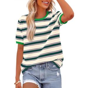 imageBTFBM Summer Tops for Women 2026 Crewneck Short Sleeve Striped T Shirts Casual Spring Clothes Color Block Basic Tee BlousesDark Green Apricot