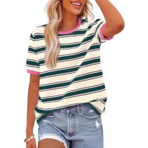 imageBTFBM Summer Tops for Women 2026 Crewneck Short Sleeve Striped T Shirts Casual Spring Clothes Color Block Basic Tee BlousesDark Green Pink