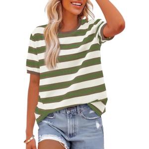 imageBTFBM Summer Tops for Women 2026 Crewneck Short Sleeve Striped T Shirts Casual Spring Clothes Color Block Basic Tee BlousesLight Green White