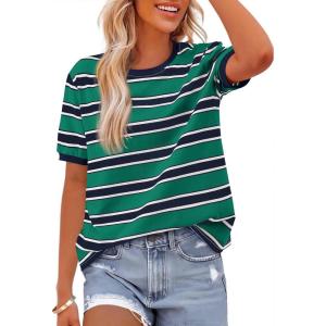 imageBTFBM Summer Tops for Women 2026 Crewneck Short Sleeve Striped T Shirts Casual Spring Clothes Color Block Basic Tee BlousesNavy Green