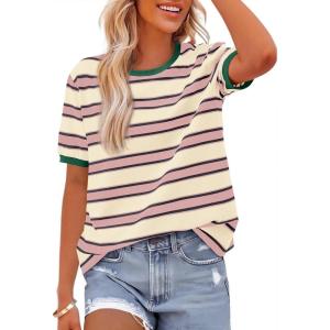 imageBTFBM Summer Tops for Women 2026 Crewneck Short Sleeve Striped T Shirts Casual Spring Clothes Color Block Basic Tee BlousesPink Apricot