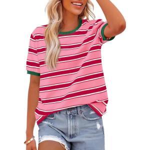 imageBTFBM Summer Tops for Women 2026 Crewneck Short Sleeve Striped T Shirts Casual Spring Clothes Color Block Basic Tee BlousesPink Rose Red