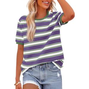 imageBTFBM Summer Tops for Women 2026 Crewneck Short Sleeve Striped T Shirts Casual Spring Clothes Color Block Basic Tee BlousesPurple White
