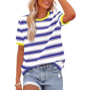 imageBTFBM Summer Tops for Women 2026 Crewneck Short Sleeve Striped T Shirts Casual Spring Clothes Color Block Basic Tee BlousesWhite Dark Blue