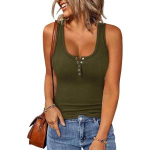 imageBTFBM Summer Tops for Women 2026 Scoop Neck Ribbed Henley Button Sleeveless Casual Spring Basic Tank Top Clothes OutfitsArmy Green