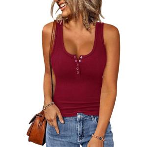 imageBTFBM Summer Tops for Women 2026 Scoop Neck Ribbed Henley Button Sleeveless Casual Spring Basic Tank Top Clothes OutfitsWine Red