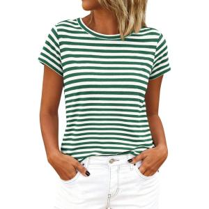 imageBTFBM Tops for Women Trendy Summer 2026 Crew Neck Short Sleeve T Shirts Striped Casual Vacation Blouse Basic TeeGreen White