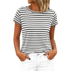 imageBTFBM Tops for Women Trendy Summer 2026 Crew Neck Short Sleeve T Shirts Striped Casual Vacation Blouse Basic TeeGrey White