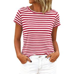imageBTFBM Tops for Women Trendy Summer 2026 Crew Neck Short Sleeve T Shirts Striped Casual Vacation Blouse Basic TeeRed White