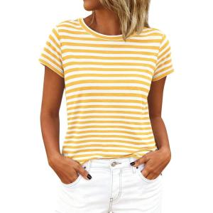imageBTFBM Tops for Women Trendy Summer 2026 Crew Neck Short Sleeve T Shirts Striped Casual Vacation Blouse Basic TeeYellow White