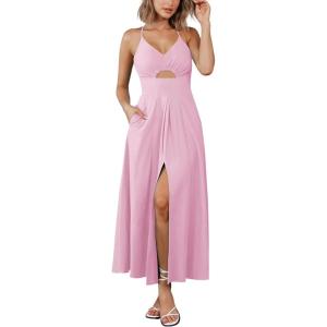 imageBTFBM Women 2026 Spaghetti Strap Midi Summer Dresses Sleeveless V Neck Cutout Slit Casual Beach Party Maxi Dress PocketsPink
