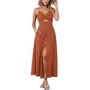 imageBTFBM Women 2026 Spaghetti Strap Midi Summer Dresses Sleeveless V Neck Cutout Slit Casual Beach Party Maxi Dress PocketsRust Red