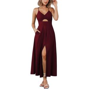 imageBTFBM Women 2026 Spaghetti Strap Midi Summer Dresses Sleeveless V Neck Cutout Slit Casual Beach Party Maxi Dress PocketsWine Red