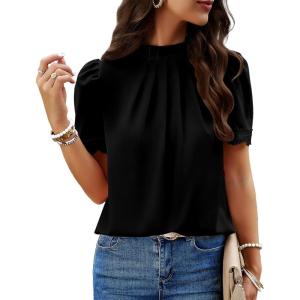 imageBTFBM Women Blouses Dressy Casual 2026 Summer Tops High Neck Lace Trim Short Sleeve Business Work Shirts Spring ClothesBlack