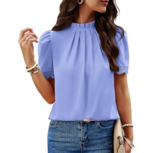 imageBTFBM Women Blouses Dressy Casual 2026 Summer Tops High Neck Lace Trim Short Sleeve Business Work Shirts Spring ClothesBlue