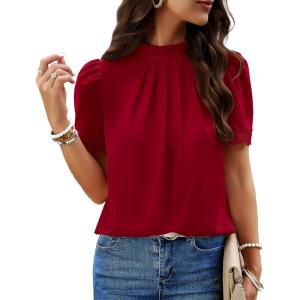imageBTFBM Women Blouses Dressy Casual 2026 Summer Tops High Neck Lace Trim Short Sleeve Business Work Shirts Spring ClothesRed