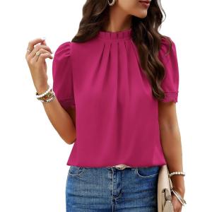 imageBTFBM Women Blouses Dressy Casual 2026 Summer Tops High Neck Lace Trim Short Sleeve Business Work Shirts Spring ClothesRose Red
