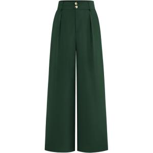 imageBTFBM Women Wide Leg Dress Pants 2026 High Waisted Button Pleated Business Casual Trousers Office Work Palazzo PantsDark Green