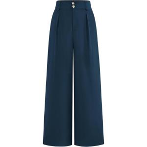 imageBTFBM Women Wide Leg Dress Pants 2026 High Waisted Button Pleated Business Casual Trousers Office Work Palazzo PantsDeep Blue