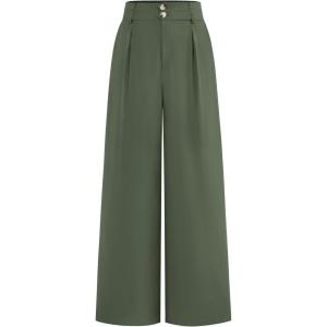 imageBTFBM Women Wide Leg Dress Pants 2026 High Waisted Button Pleated Business Casual Trousers Office Work Palazzo PantsDeep Green