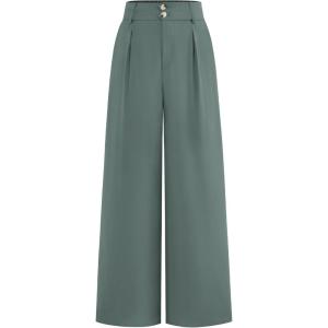 imageBTFBM Women Wide Leg Dress Pants 2026 High Waisted Button Pleated Business Casual Trousers Office Work Palazzo PantsGrey Green