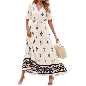 imageBTFBM Womens Summer Dresses 2026 Spring Casual Short Sleeve v Neck Boho Floral Flowy ALine Tiered Maxi Dress PocketsFloral Apricot Black