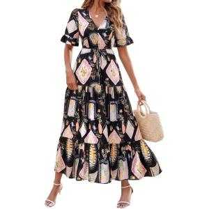 imageBTFBM Womens Summer Dresses 2026 Spring Casual Short Sleeve v Neck Boho Floral Flowy ALine Tiered Maxi Dress PocketsFloral Black Multi