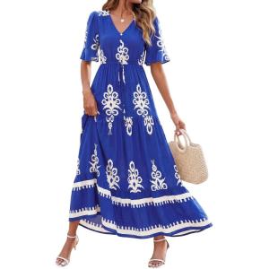 imageBTFBM Womens Summer Dresses 2026 Spring Casual Short Sleeve v Neck Boho Floral Flowy ALine Tiered Maxi Dress PocketsFloral Blue White