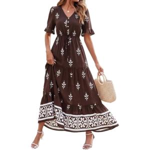 imageBTFBM Womens Summer Dresses 2026 Spring Casual Short Sleeve v Neck Boho Floral Flowy ALine Tiered Maxi Dress PocketsFloral Coffee White