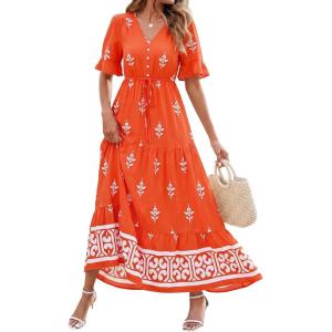 imageBTFBM Womens Summer Dresses 2026 Spring Casual Short Sleeve v Neck Boho Floral Flowy ALine Tiered Maxi Dress PocketsFloral Orange Red Apricot